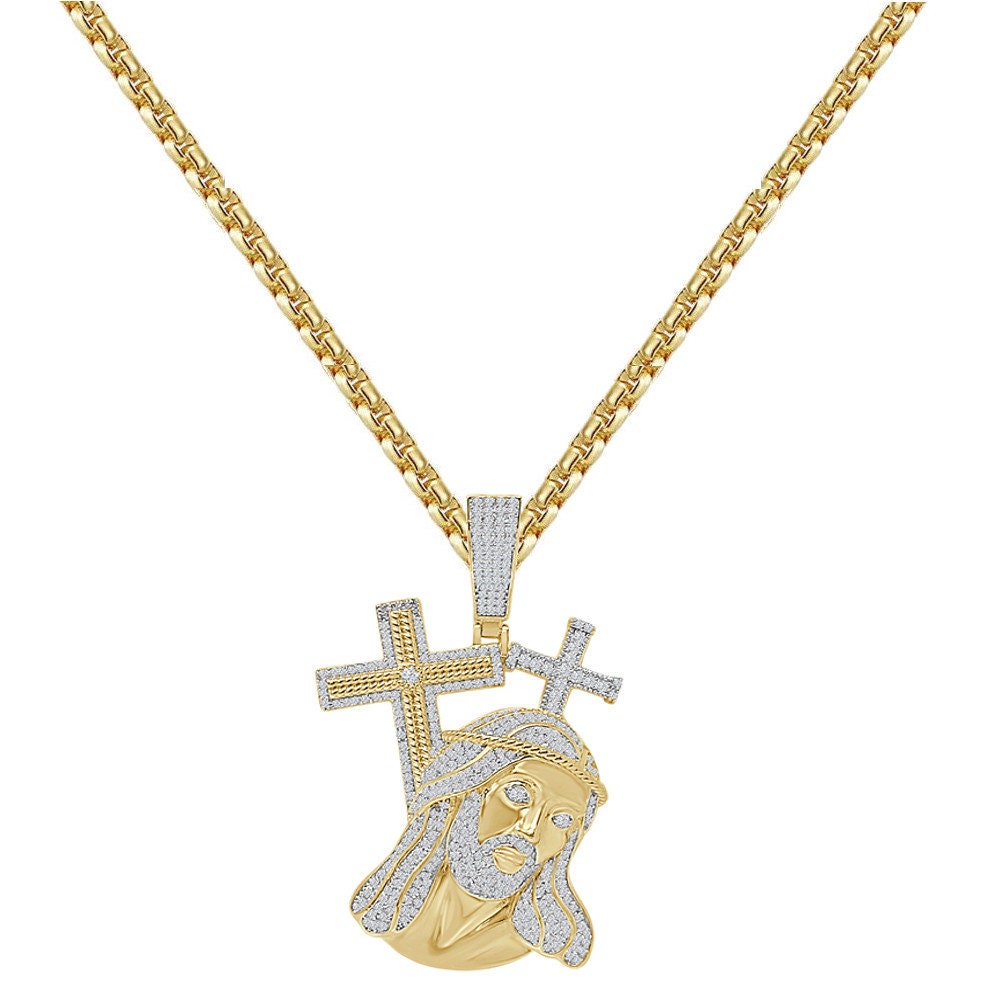 25+ Grams Real Genuine Italian Sterling Silver 2.00 Cwt. Simulated Diamond 14K Gold Over Jesus Christ Face Cross Pendant Custom Charm 2.25''