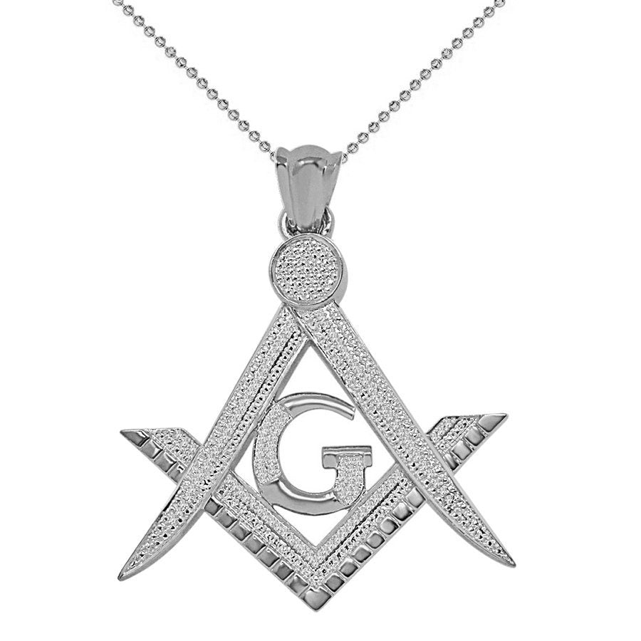 Men's Ladies Real Authentic Genuine Diamond 17+ Grams Masonic Freemasonry G Compass 10K Gold Over Pendent Charm Neckless Chain Set 1.55''