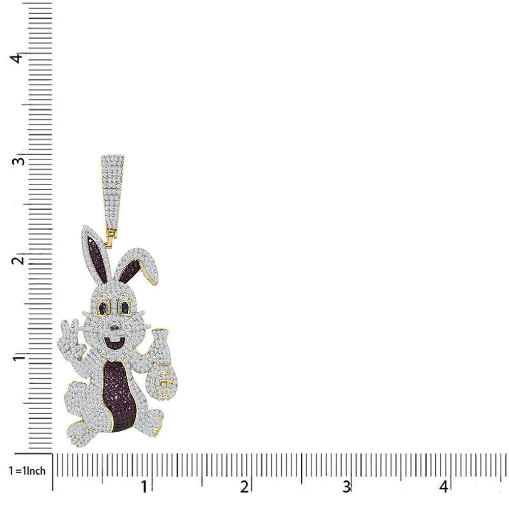 40+ Grams Big 3'' Real Genuine Sterling Silver 3.00 Ct. Simulated Diamond 14K Gold On Rabbit Bunny Holding Cash Money Bag Mens Charm Pendant