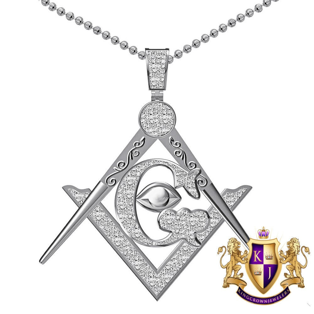 Real Genuine Authentic Diamond Custom Piece Masonic Freemason G Compass All Seen Evil Eye of Providence Charm Pendant Chain Neckless Set 2''