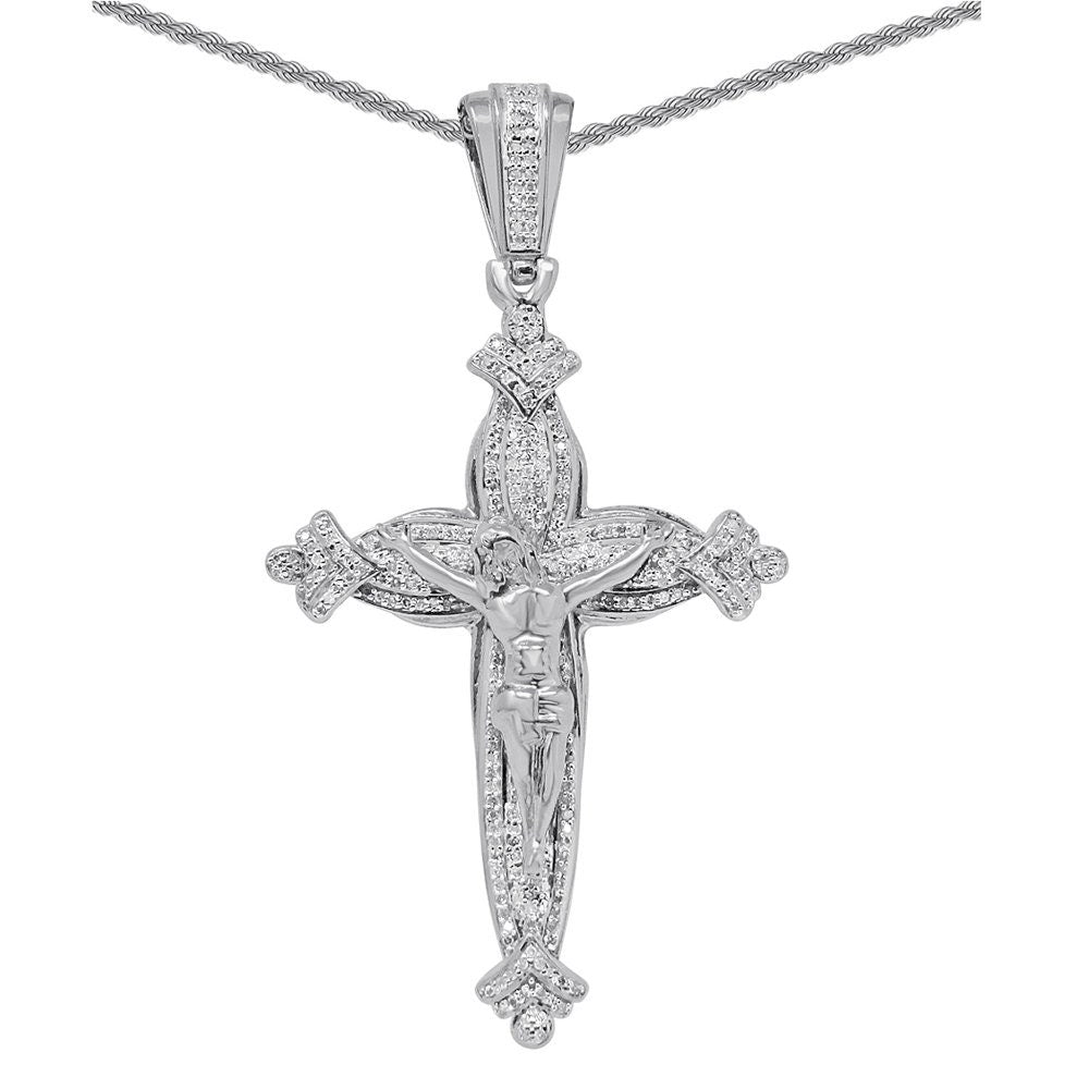 Real Genuine Authentic Diamond 0.75 Cwt. 18+ Grams Jesus Christ Cross Crucifix Charm 10K Gold Over Unisex Pendant Chain Neckless Set 2.80''