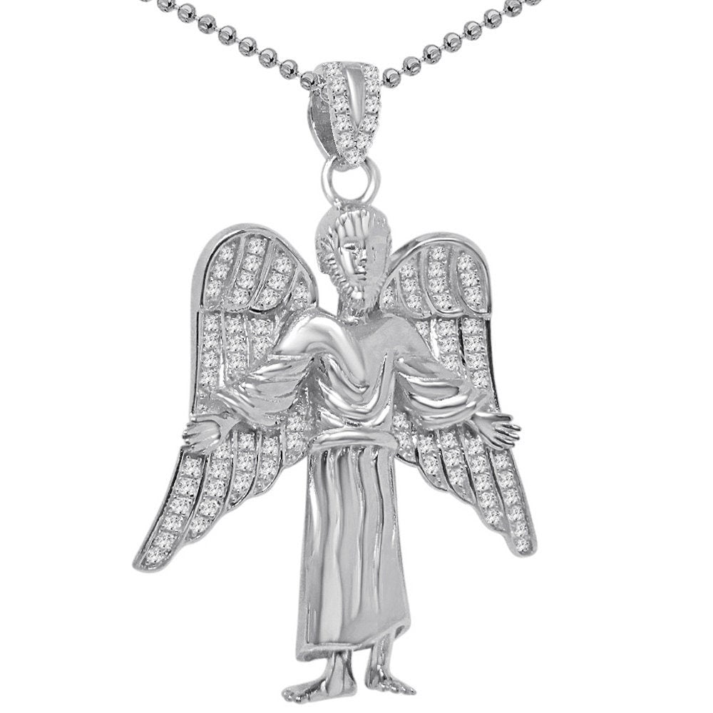 20+ Grams Genuine Authentic Italian Sterling Silver 2.00 Cwt. Simulated Diamond Christ Redeemer Jesus Angel Wings Charm Pendant Chain Set