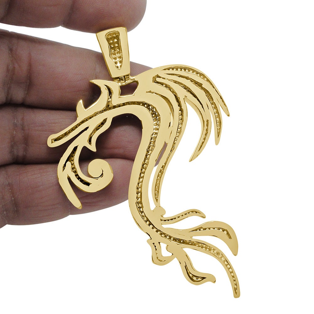 24+ Grams Real Genuine Sterling Silver Big XL 3.30'' 14K Gold Finish 2.00 Cwt. Simulated Diamond Lucky Dragon Men's Pendant Good Luck Charm