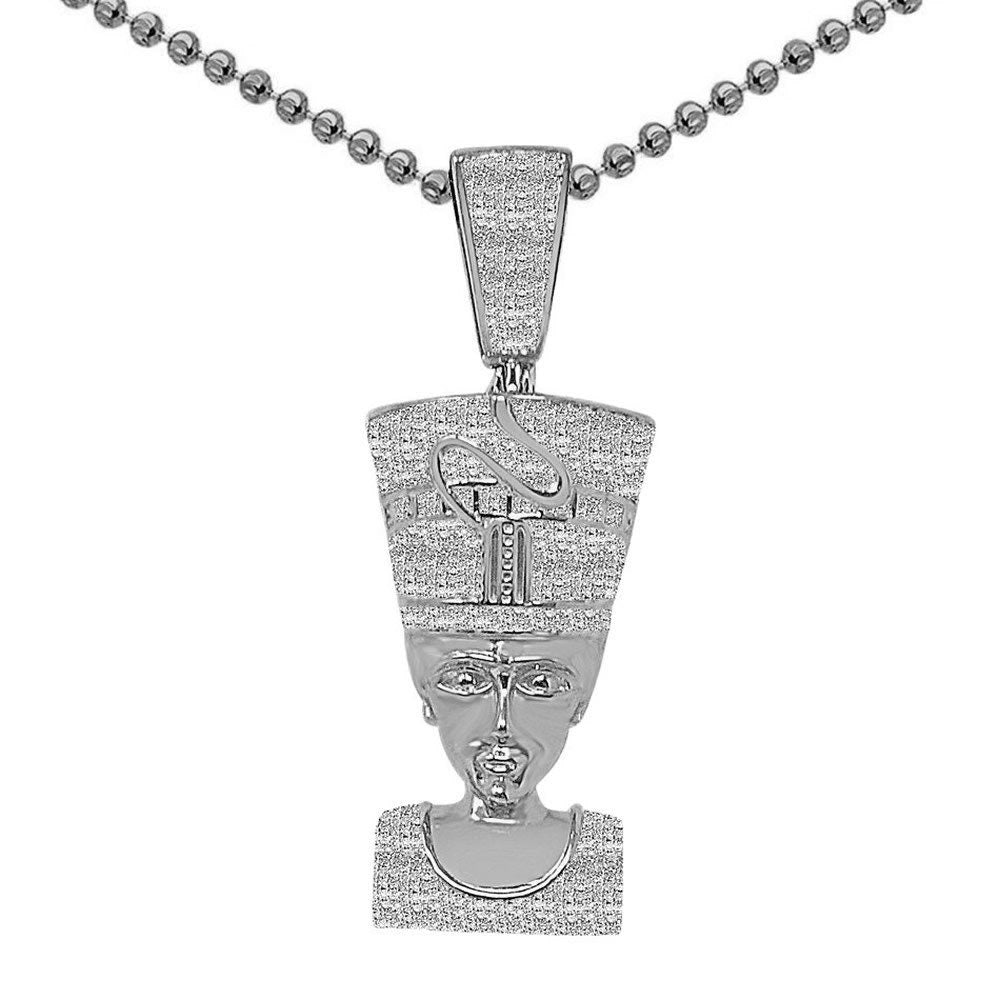 Real Genuine Natural Authentic Diamond 0.33 Cwt. Egyptian Queen Nefertiti Pharaoh Pendant 10K Gold Over Unisex Charm Chain Neckless Set 2''