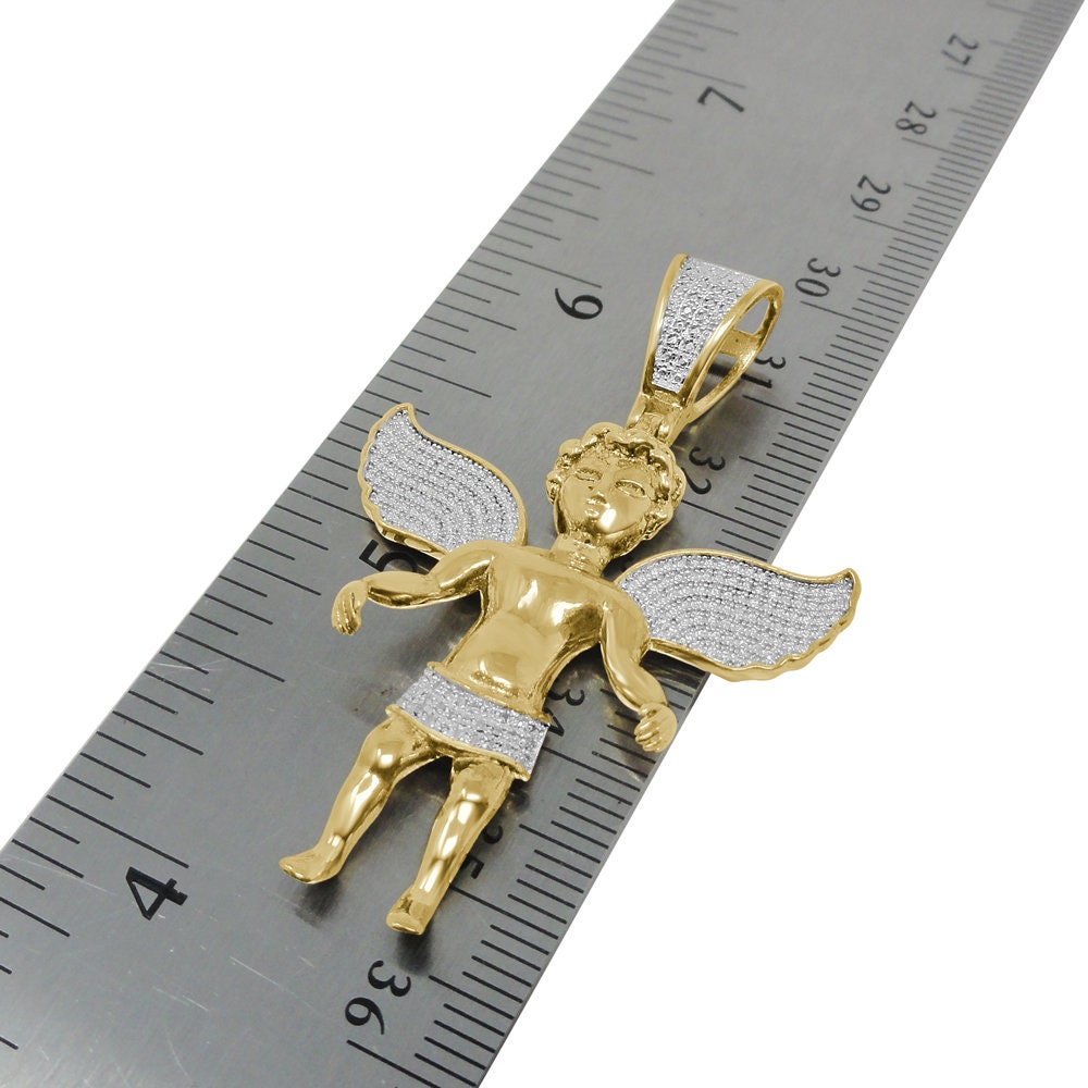 20+ Grams Real Genuine Sterling Silver 2.00 Ct. Simulated Diamond 14K Gold On Angel Wings Religious Pendant Unisex Charm Chain Set Big 2.5''