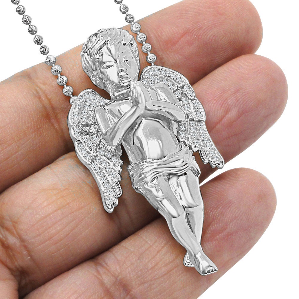 30+ Grams Real Genuine Italian Sterling Silver 2.00 Cwt. Simulated Diamond Praying Hands Angel Wings Charm Pendant Chain Neckless Set 2.10''