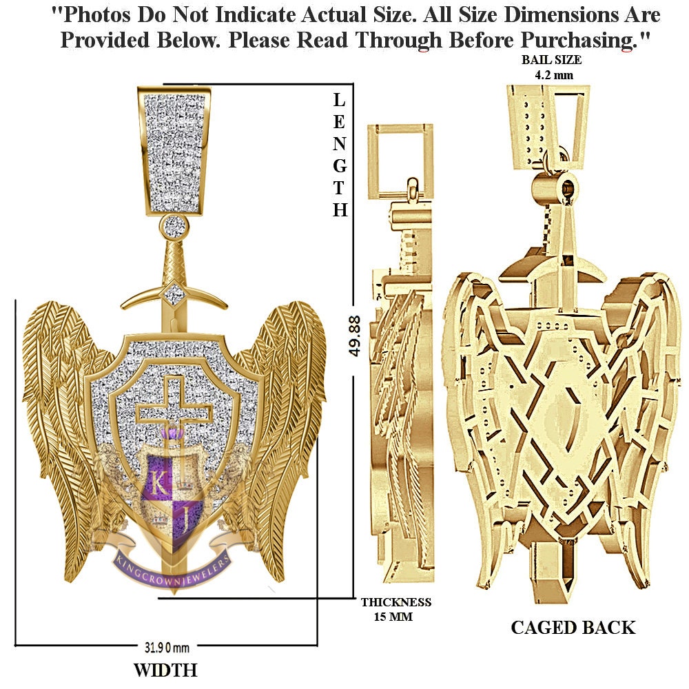 Real Genuine Diamond 0.61 Cwt. 20+ Grams Saint Michael Archangel Cross Shield Sword Wings Charm 10K Solid Gold Over Pendent Chain Set 2''