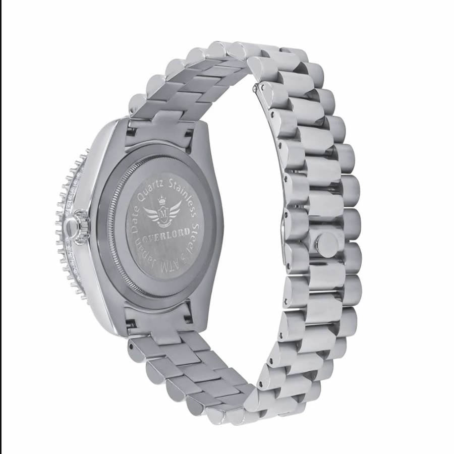 Full Solid Stainless Steel Roman Numeral Face Ruby Red Dial 18K White Gold Finish Simulated Diamond 5 ATM Water Resistant Watch W/Date 42mm