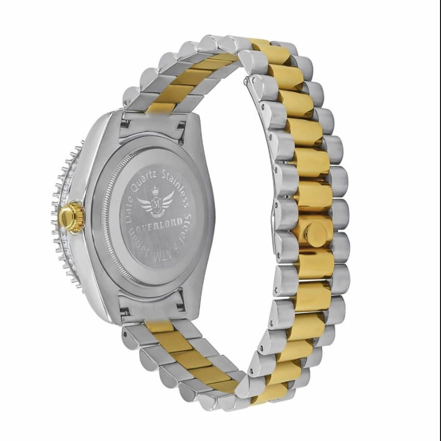 Solid Stainless Steel Roman Numeral Face Onyx Black Dial 18K 2 Tone Gold Finish Simulated Diamond 5 ATM Water Resistant Watch W/Date 42mm