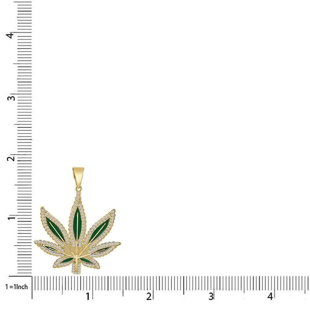 Men's 14+ Grams Real Sterling Silver 1.00 Cwt. Simulated Diamond 14K Gold Finish Weed Marijuana Leaf Plant Custom Pendant Charm Chain Set