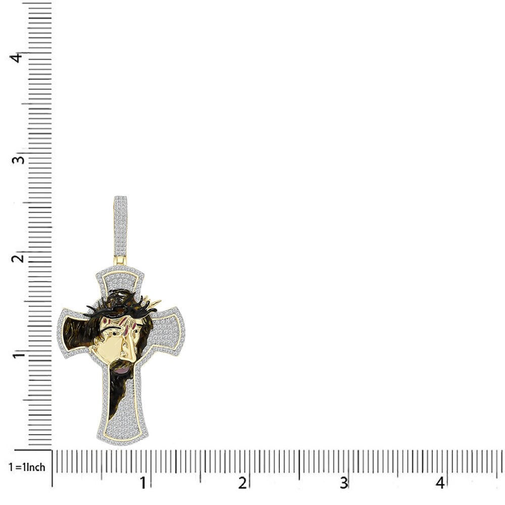 27+ Grams Real Genuine Sterling Silver 2.50 Cwt. Simulated Diamond 14K Gold Finish Jesus Crown of Thorns Cross Pendant Charm + Free Chain