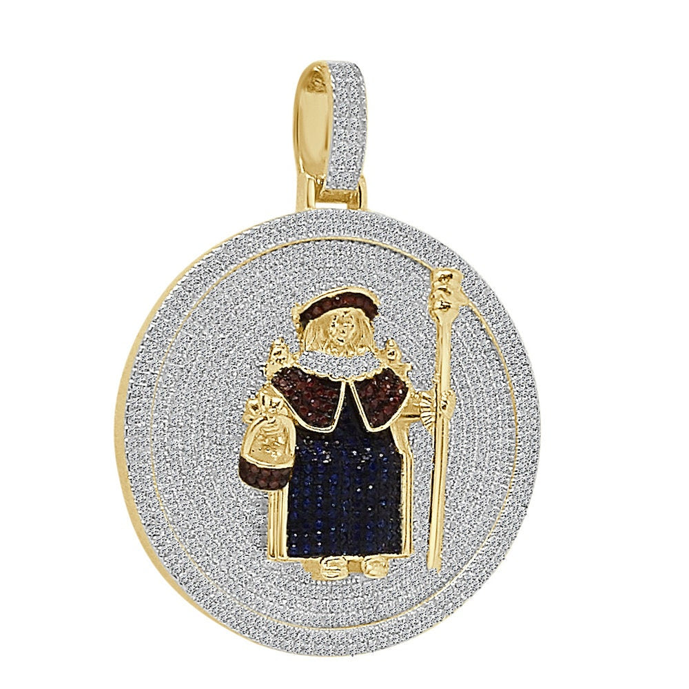 35+ Grams Genuine Sterling Silver Baby Infant Jesus Santo Nino De Atocha Divino Simulated Diamond Pendant 14K Gold On Medallion Charm 2.50''