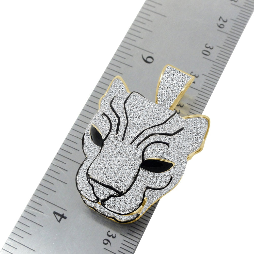 29+ Grams Real Genuine Sterling Silver 14K Gold Finish 4.50 Cwt. Simulated Diamond Enamel Lion Head King Face Pendant Charm + Chain Neckless