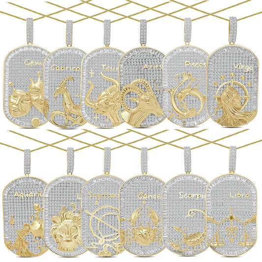 Real Genuine Sterling Silver 26+ Grams 2.25 Ctw. Baguette/Round Cut Simulated Diamond 14K Gold Over Zodiac Birth Sign Dog Tag Charm Pendant