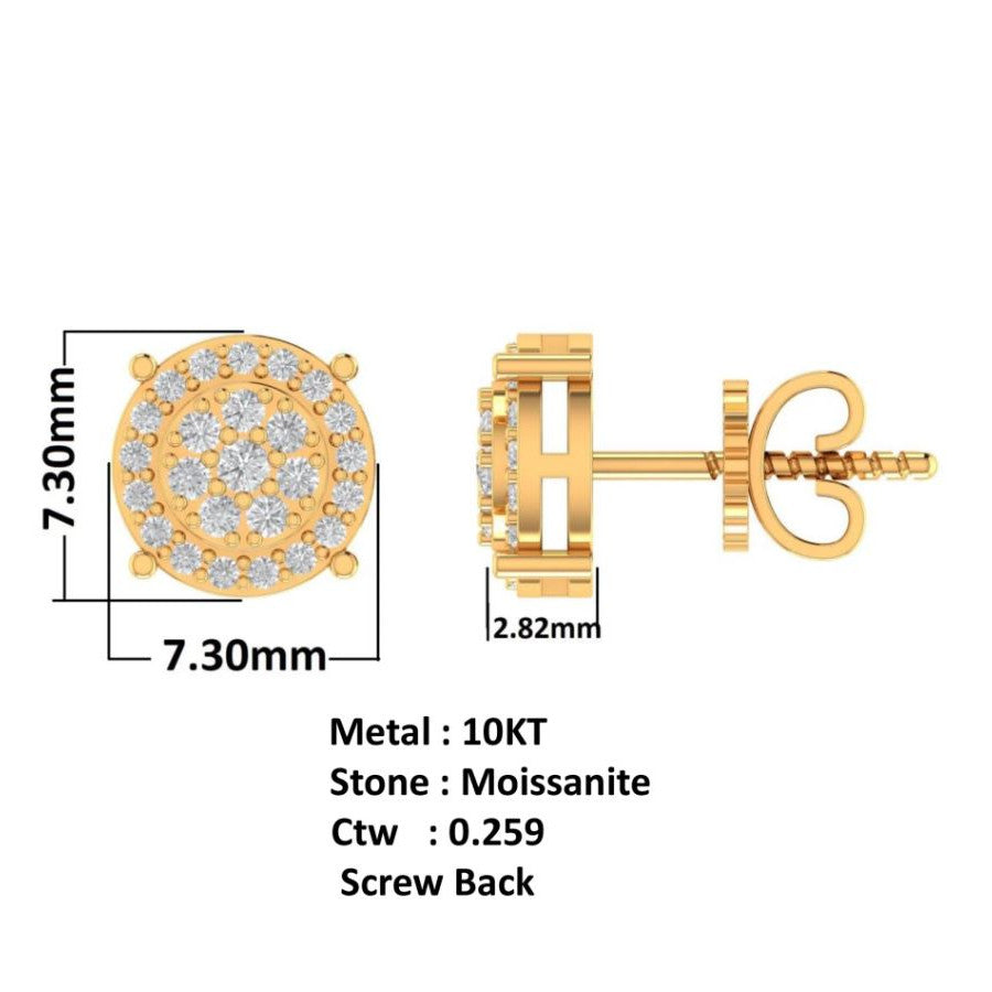 10K Real Yellow Gold Genuine Authentic 0.27 Cwt. VVS/1 Moissanite Diamond Unisex Round Screw Back Stud Earrings Small 7.30 mm