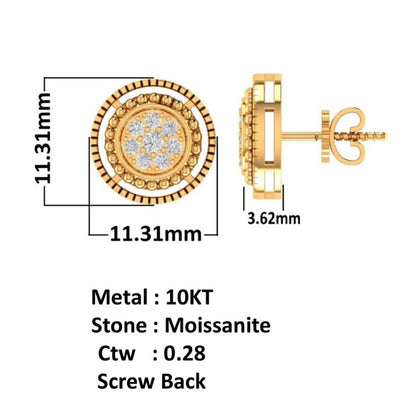 10K Real Yellow Gold Genuine Authentic 0.28 Cwt. VVS/1 Moissanite Diamond Unisex Round Screw Back Stud Earrings 11.31 mm
