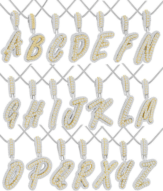 Real Genuine Sterling Silver 14K 2 Tone Gold Finish 1.65 CT. Hand Set Simulated Diamond Initial Letter Alphabet Pendant Charm Chain 1.75"