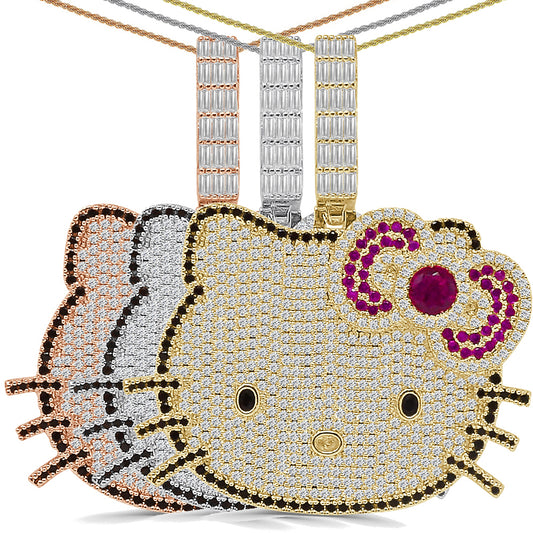 67+ Grams Big 2.75'' 14K Gold Over Baguette/Round Cut Simulated Diamond Iced Out Cute Hello Kitty Head Cartoon Charm Pendant Chain Neckless