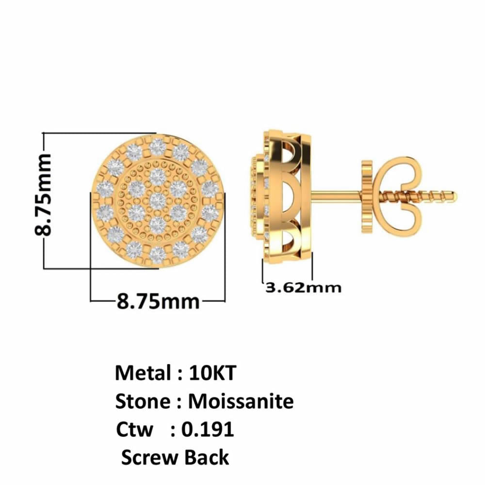 10K Real Yellow Gold Genuine Authentic 1/4 Cwt. VVS/1 Moissanite Diamond Unisex Round Flower Screw Back Stud Earrings Mini Small 8.75 mm