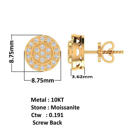 10K Real Yellow Gold Genuine Authentic 0.25 Cwt. VVS/1 Moissanite Diamond Unisex Round Flower Screw Back Stud Earrings Mini Small 8.75 mm