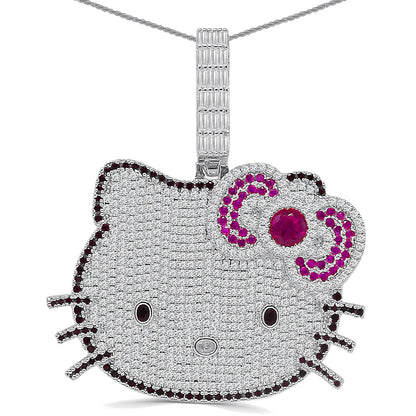 67+ Grams Big 2.75'' 14K Gold Over Baguette/Round Cut Simulated Diamond Iced Out Cute Hello Kitty Head Cartoon Charm Pendant Chain Neckless