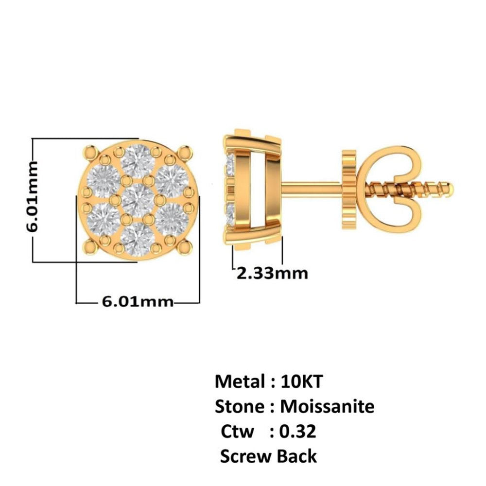 10K Real Yellow Gold Genuine Authentic 1/4 Cwt. VVS/1 Moissanite Diamond Unisex Round Flower Screw Back Stud Earrings Mini Small 6mm