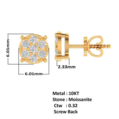 10K Real Yellow Gold Genuine Authentic 1/4 Cwt. VVS/1 Moissanite Diamond Unisex Round Flower Screw Back Stud Earrings Mini Small 6mm