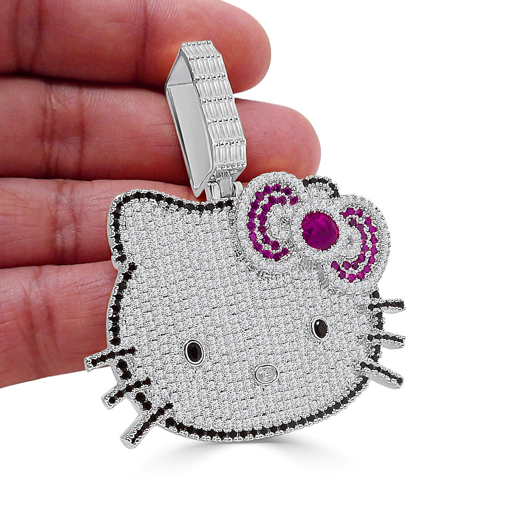 67+ Grams Big 2.75'' 14K Gold Over Baguette/Round Cut Simulated Diamond Iced Out Cute Hello Kitty Head Cartoon Charm Pendant Chain Neckless