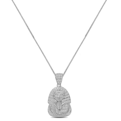 Mini Small 1.25'' Genuine Authentic Italian Sterling Silver Simulated Diamond Egyptian King Tut Pharaoh Charm Pendant Chain Neckless Set