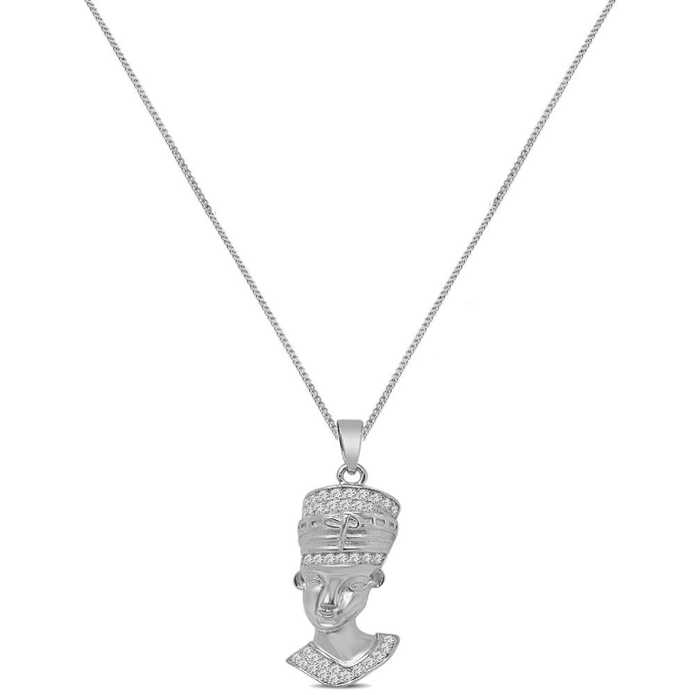 Small 1.50'' Real Genuine Authentic Italian Sterling Silver Simulated Diamond Egyptian Queen Nefertiti Charm Pendant Chain Neckless Set
