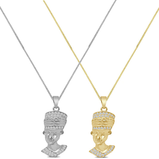 Small 1.50'' Real Genuine Authentic Italian Sterling Silver Simulated Diamond Egyptian Queen Nefertiti Charm Pendant Chain Neckless Set