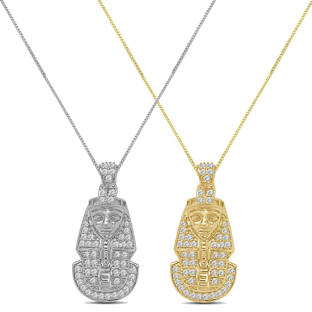 Mini Small 1.25'' Genuine Authentic Italian Sterling Silver Simulated Diamond Egyptian King Tut Charm Pendant Chain Neckless Set Unisex