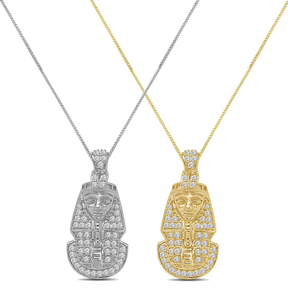 Mini Small 1.25'' Genuine Authentic Italian Sterling Silver Simulated Diamond Egyptian King Tut Charm Pendant Chain Neckless Set Unisex