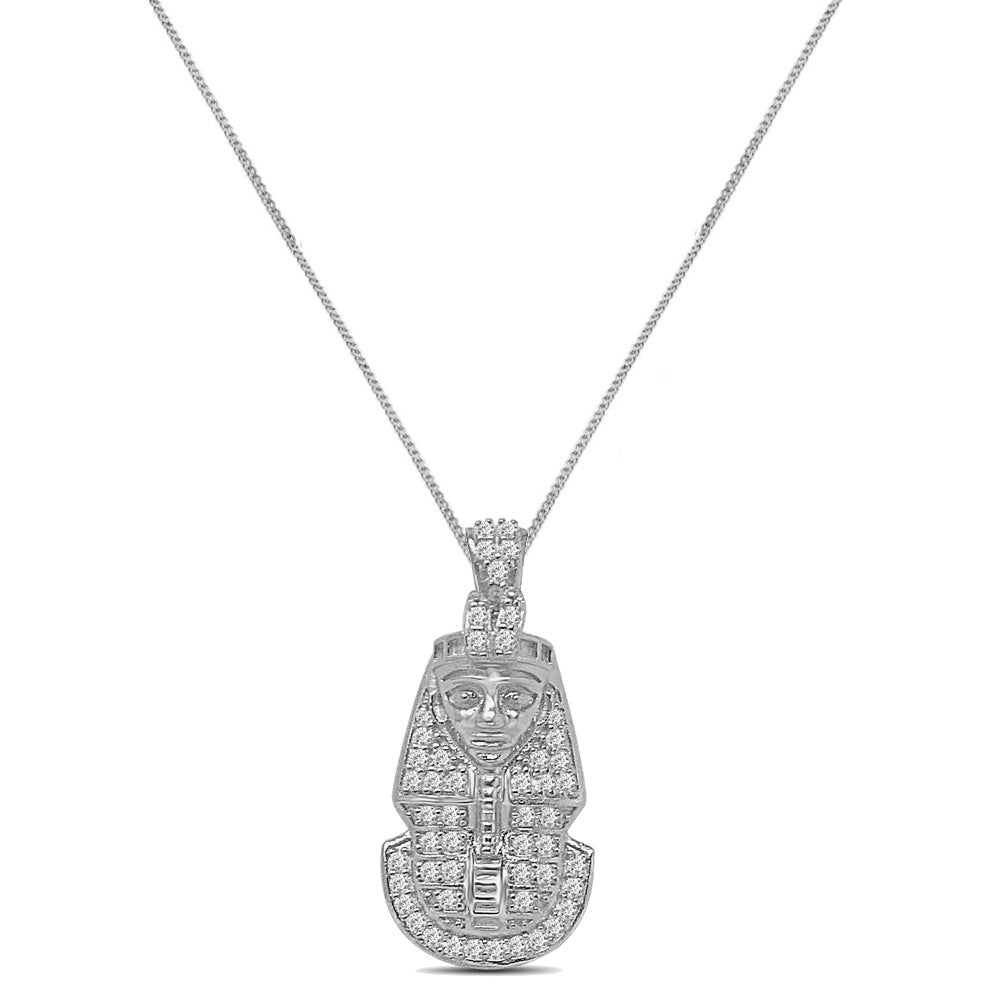 Mini Small 1.25'' Genuine Authentic Italian Sterling Silver Simulated Diamond Egyptian King Tut Charm Pendant Chain Neckless Set Unisex