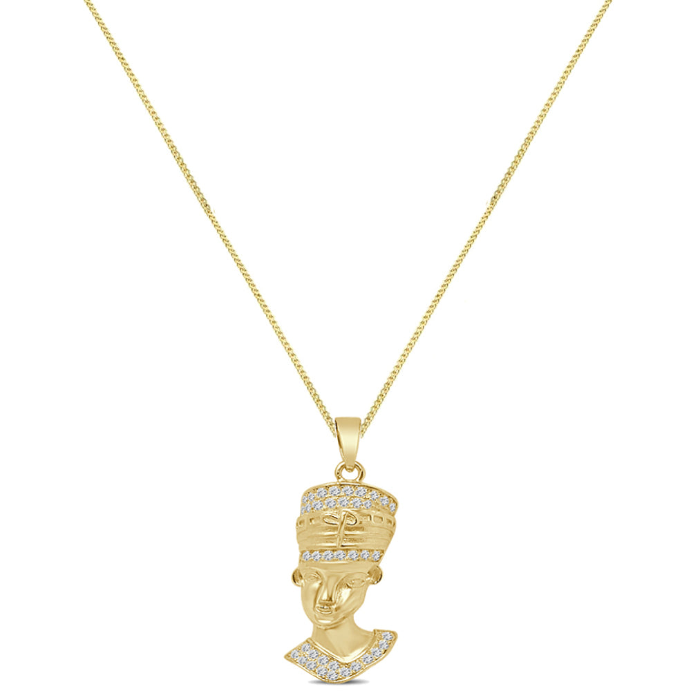 Small 1.50'' Real Genuine Authentic Italian Sterling Silver Simulated Diamond Egyptian Queen Nefertiti Charm Pendant Chain Neckless Set