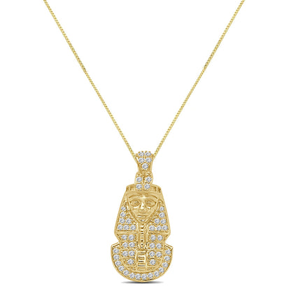 Mini Small 1.25'' Genuine Authentic Italian Sterling Silver Simulated Diamond Egyptian King Tut Charm Pendant Chain Neckless Set Unisex