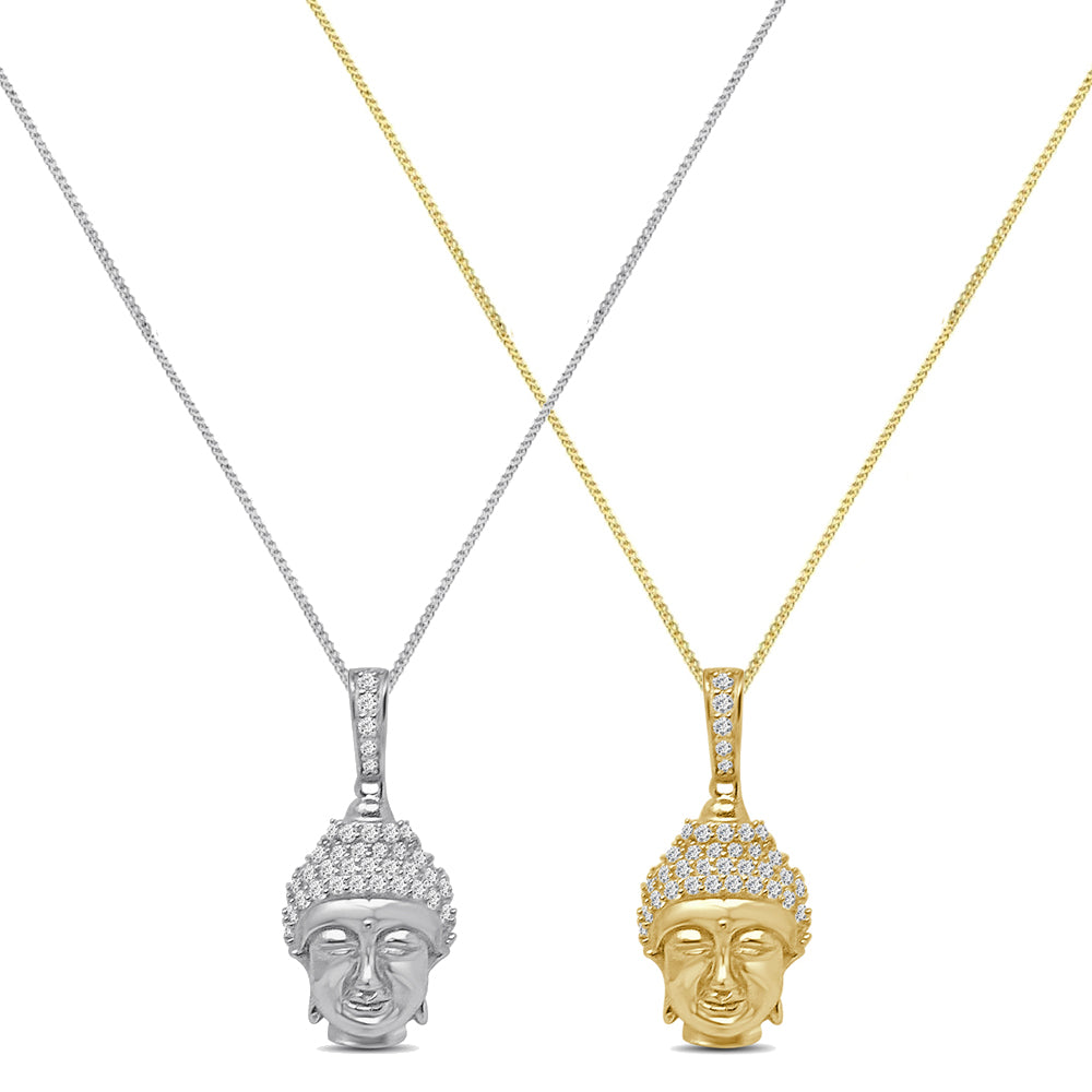Mini Small 1.25'' Genuine Authentic Italian Sterling Silver Simulated Diamond Buddha Head Religious Charm Pendant Chain Neckless Set Unisex