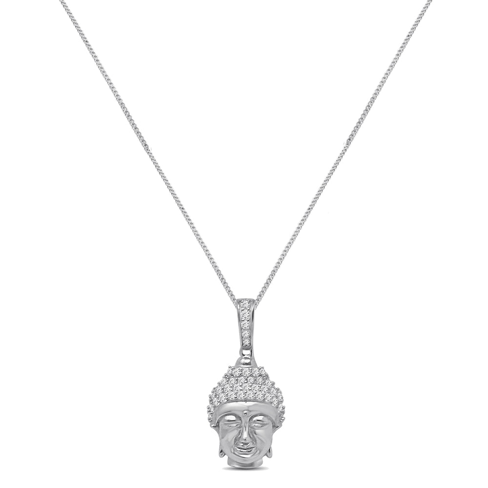 Mini Small 1.25'' Genuine Authentic Italian Sterling Silver Simulated Diamond Buddha Head Religious Charm Pendant Chain Neckless Set Unisex