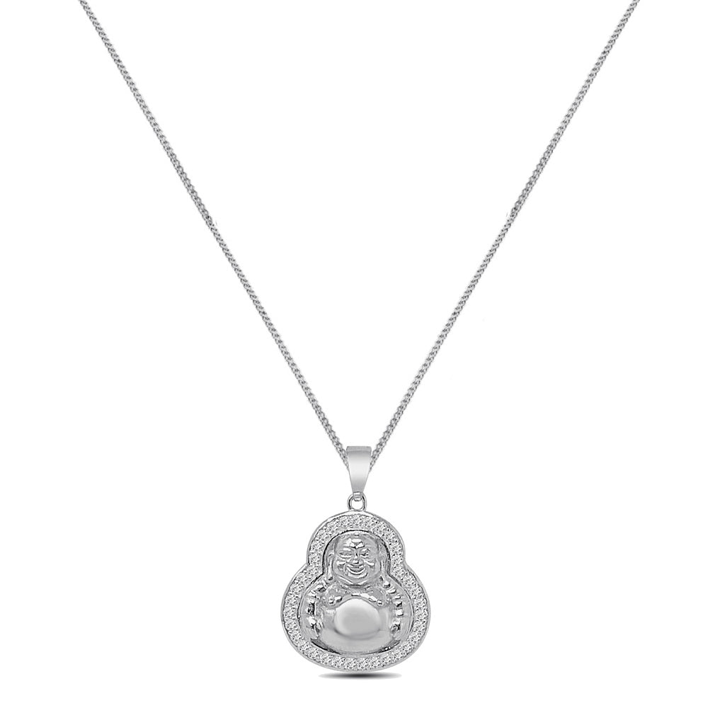 Mini Small 1.15'' Genuine Authentic Italian Sterling Silver Simulated Diamond Buddha Head Unisex Religious Charm Pendant Chain Neckless Set