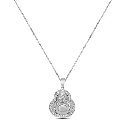 Mini Small 1.15'' Genuine Authentic Italian Sterling Silver Simulated Diamond Buddha Head Unisex Religious Charm Pendant Chain Neckless Set