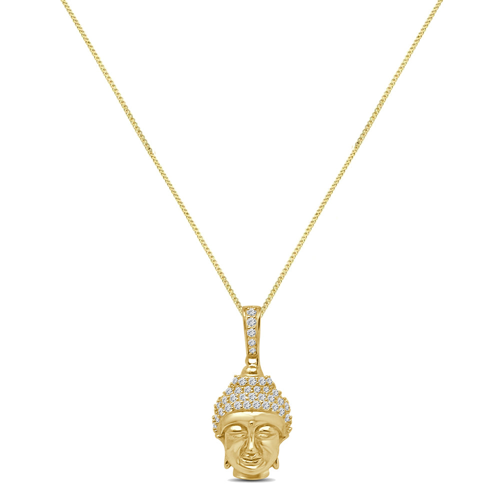 Mini Small 1.25'' Genuine Authentic Italian Sterling Silver Simulated Diamond Buddha Head Religious Charm Pendant Chain Neckless Set Unisex