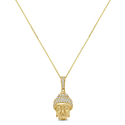 Mini Small 1.25'' Genuine Authentic Italian Sterling Silver Simulated Diamond Buddha Head Religious Charm Pendant Chain Neckless Set Unisex