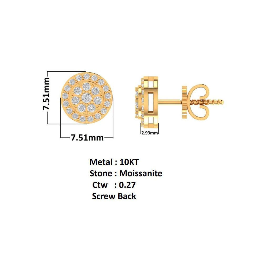 10K Real Solid Yellow Gold Genuine Authentic 0.27 Cwt. VVS/1 Moissanite Diamond Unisex Round Screw Back Stud Earrings Small 7.51 mm