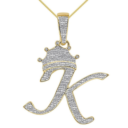 100% 10K Real Solid Yellow Gold Genuine Authentic Natural Diamond Initial Letter Alphabet Crown Unisex Pendant Charm + Free Chain Neckless
