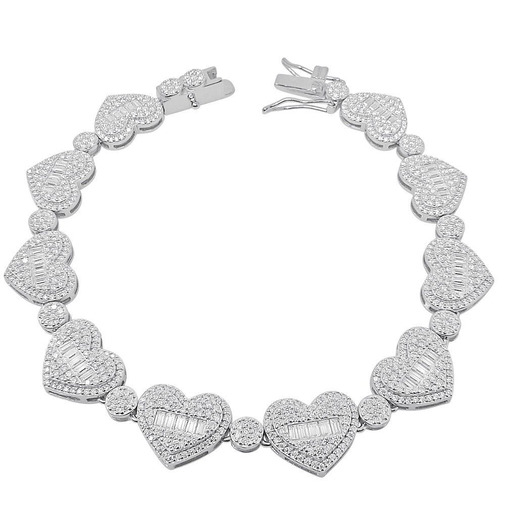 Real Authentic Hand Set 8.60 Cwt. VVS/D Certified Baguette Moissanite Diamond 14K White Gold On 12mm Unisex Heart Love Link Chain Bracelet 8.25''