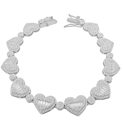 Real Authentic Hand Set 8.60 Cwt. VVS/D Certified Baguette Moissanite Diamond 14K White Gold On 12mm Unisex Heart Love Link Chain Bracelet 8.25''