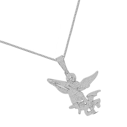 24+ Grams Real Silver 14K White Gold Finish 2.00 Cwt. Simulated Diamond Patron Saint Michael The Archangel Charm Pendant + Free Chain Neckless