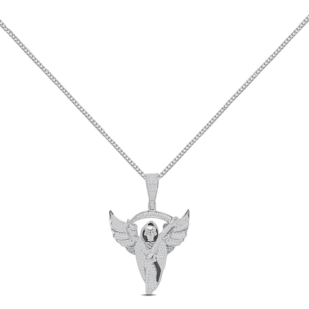 20+ Grams Real Silver 14K White Gold Finish 1.50 Cwt. Simulated Diamond Flying Santa Muerte Grim Reaper Angel of Death Pendant Charm +Free Chain