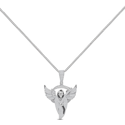 20+ Grams Real Silver 14K White Gold Finish 1.50 Cwt. Simulated Diamond Flying Santa Muerte Grim Reaper Angel of Death Pendant Charm +Free Chain