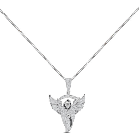 20+ Grams Real Silver 14K White Gold Finish 1.50 Cwt. Simulated Diamond Flying Santa Muerte Grim Reaper Angel of Death Pendant Charm +Free Chain